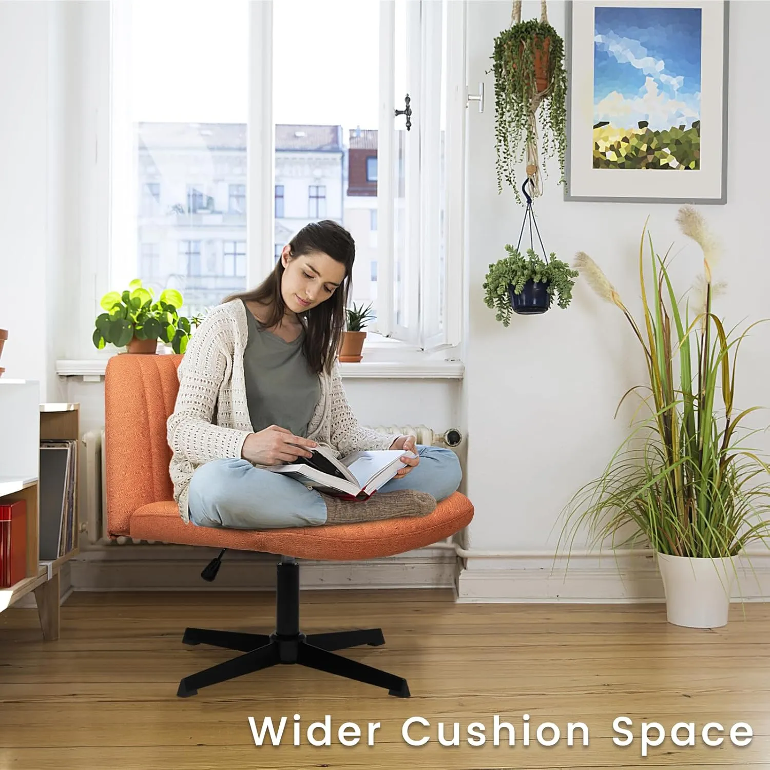 PUKAMI Criss Cross Chair,Armless Cross Legged Office Desk Chair No Wheels,Fabric Padded Modern Swivel Height Adjustable Mid Back Wide Seat Computer Task Vanity Chair for Home Office(Brown)
