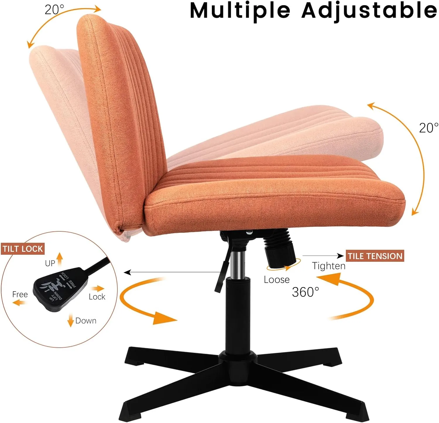 PUKAMI Criss Cross Chair,Armless Cross Legged Office Desk Chair No Wheels,Fabric Padded Modern Swivel Height Adjustable Mid Back Wide Seat Computer Task Vanity Chair for Home Office(Brown)