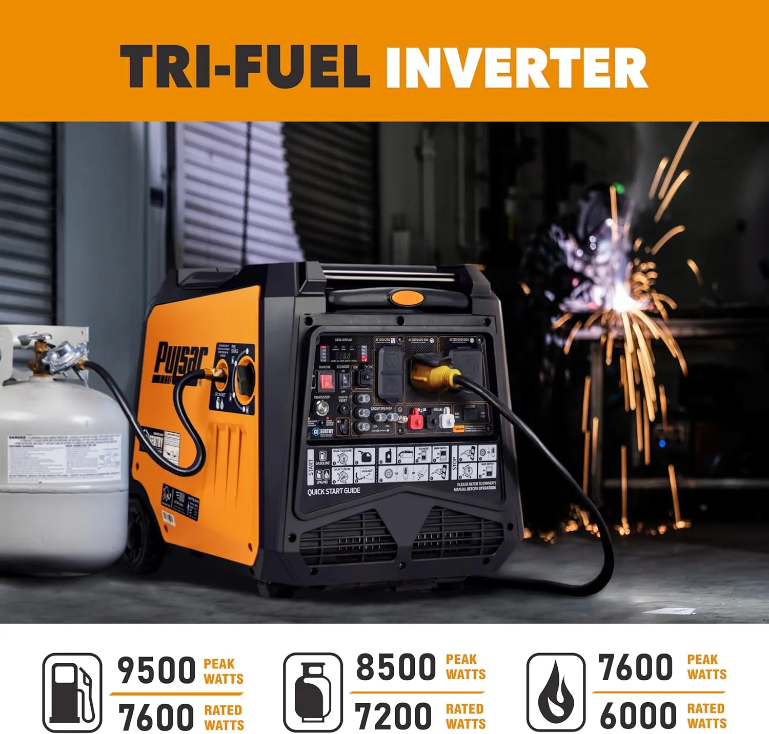 Pulsar 9500 Watt Tri Fuel Portable Inverter Generator, Remote Electric Start, CO Sensor, Parallel Capable, Super Quiet, Use for RV, Camping, Outdoor & Home, Gasoline, Propane, Natural Gas, NED95TiSRCO