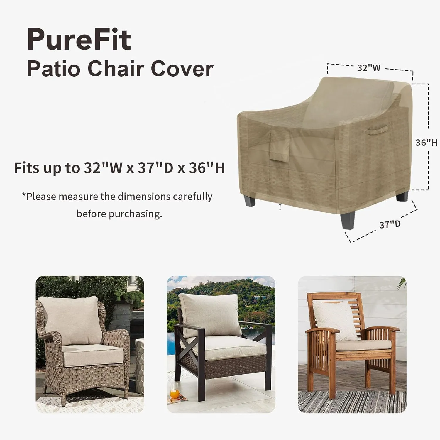 PureFit Outdoor Chair Covers Waterproof Patio Furniture Lawn Chair Covers for Outdoor Furniture with Air Vent and Padded Handles, Fits up to 32W x 37D x 36H Inches, Camel