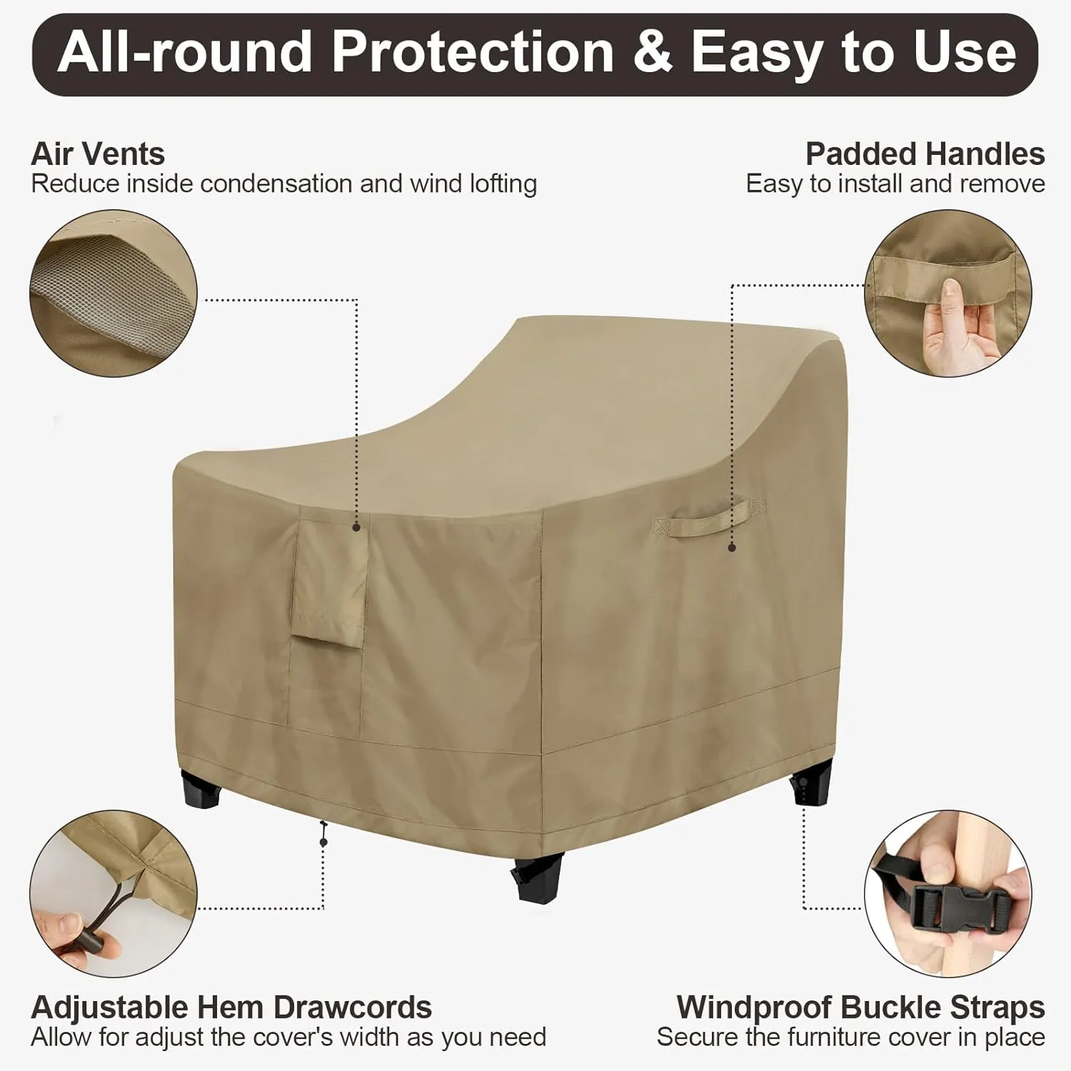PureFit Outdoor Chair Covers Waterproof Patio Furniture Lawn Chair Covers for Outdoor Furniture with Air Vent and Padded Handles, Fits up to 32W x 37D x 36H Inches, Camel