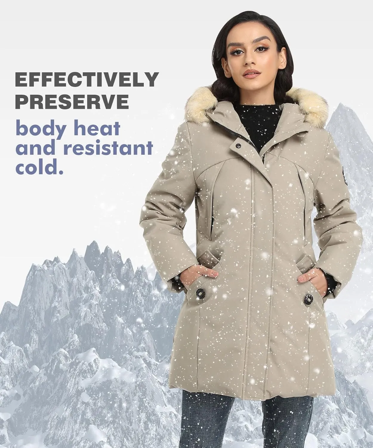 PUREMSX Winter Coat for Women, Thick Warm Fur Hood Insulated Vegan Down Padded Jacket Parka XS-XXL