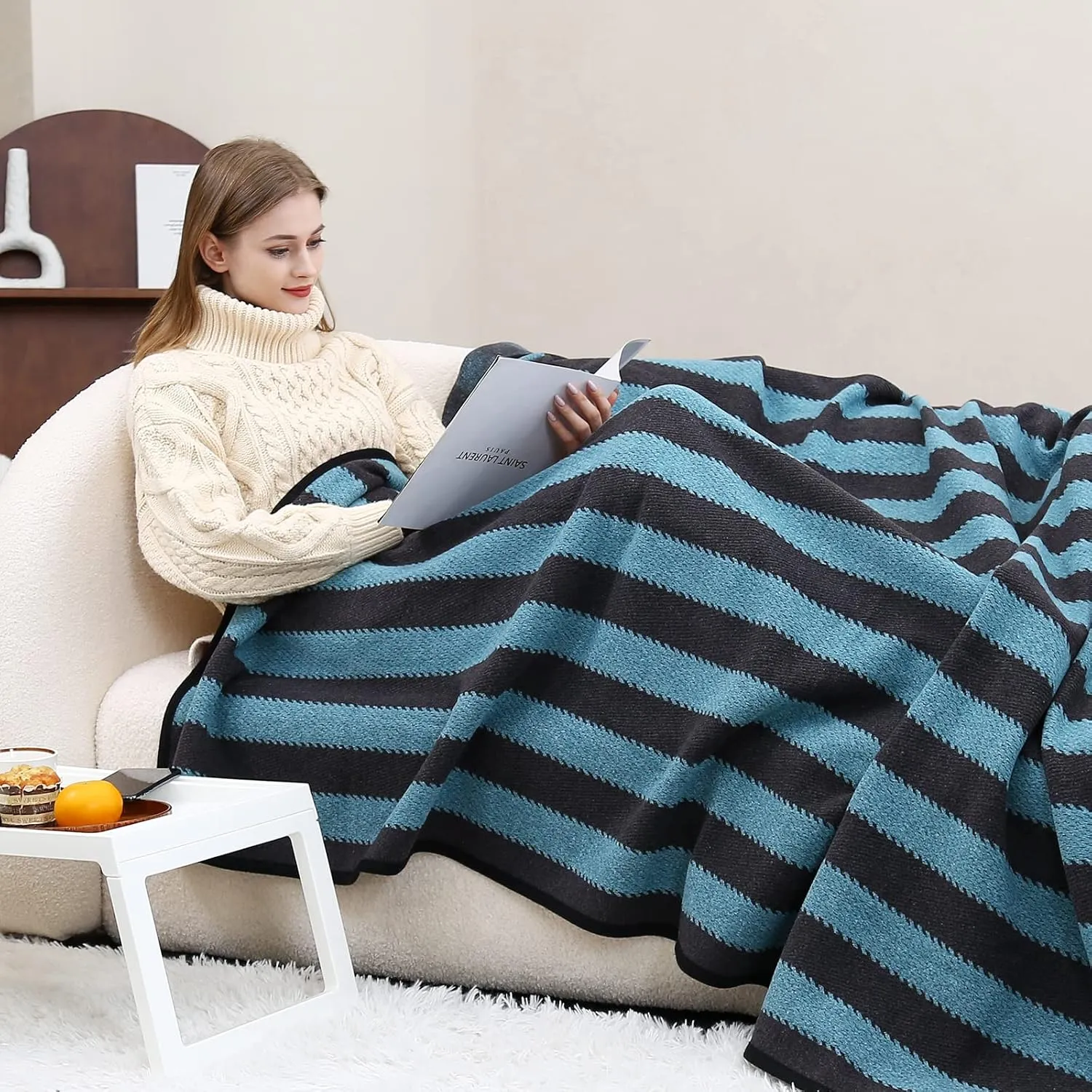 PuTian Merino Wool Blanket - 63" x 51" Thick Warm Soft Twin Bed Throw - Great for Camping, Outdoors, Travel, Car, Couch All Seasons Blue Stripe
