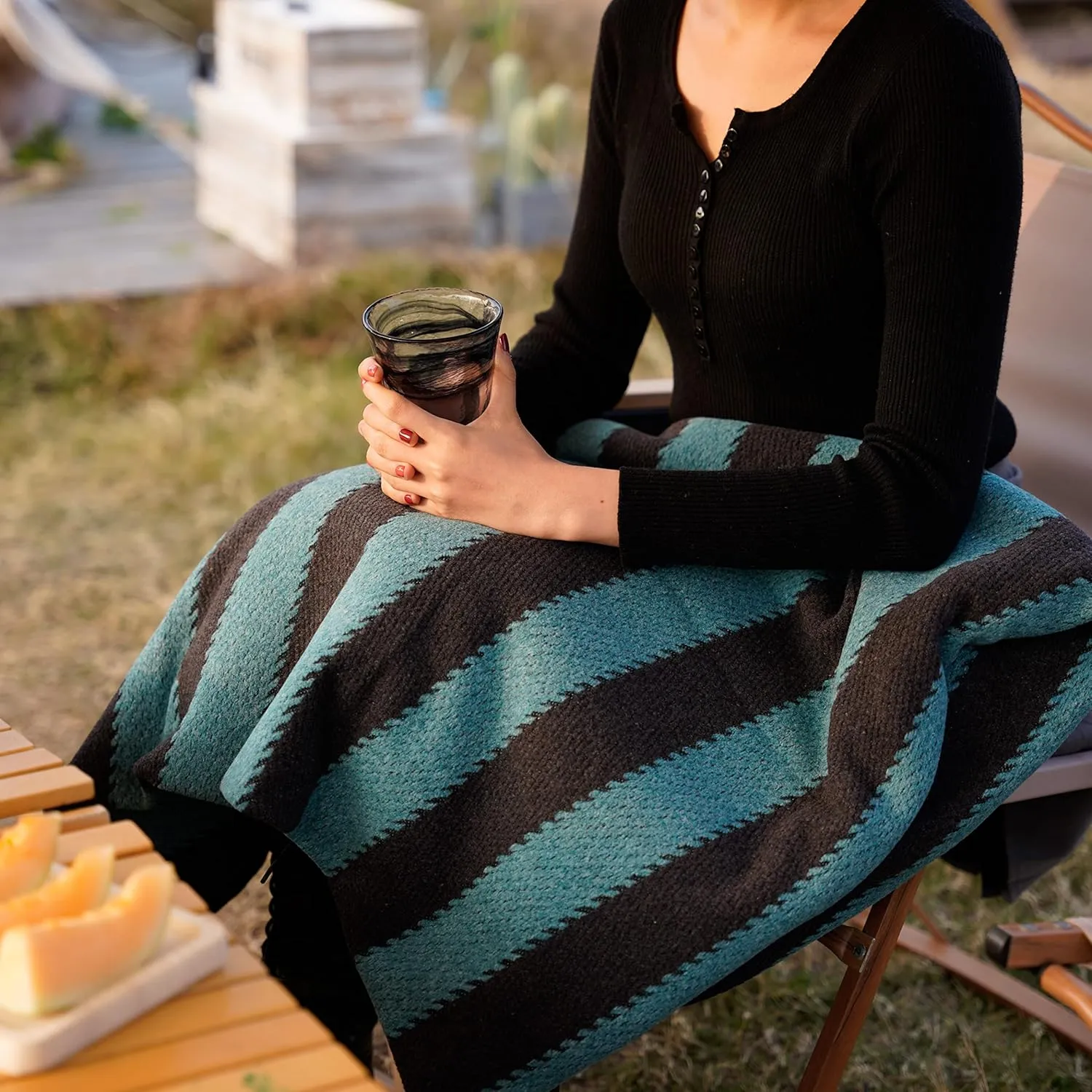 PuTian Merino Wool Blanket - 63" x 51" Thick Warm Soft Twin Bed Throw - Great for Camping, Outdoors, Travel, Car, Couch All Seasons Blue Stripe