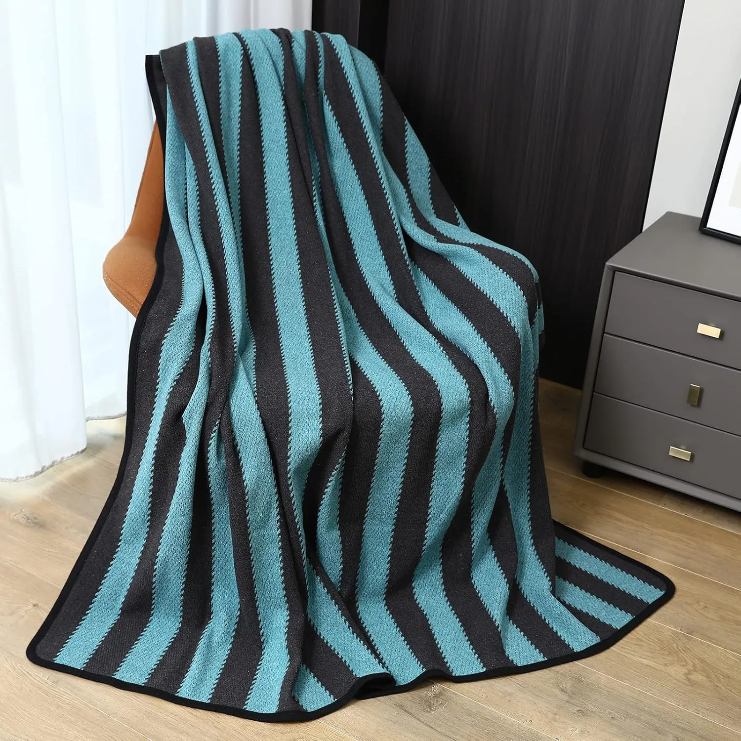 PuTian Merino Wool Blanket - 63" x 51" Thick Warm Soft Twin Bed Throw - Great for Camping, Outdoors, Travel, Car, Couch All Seasons Blue Stripe