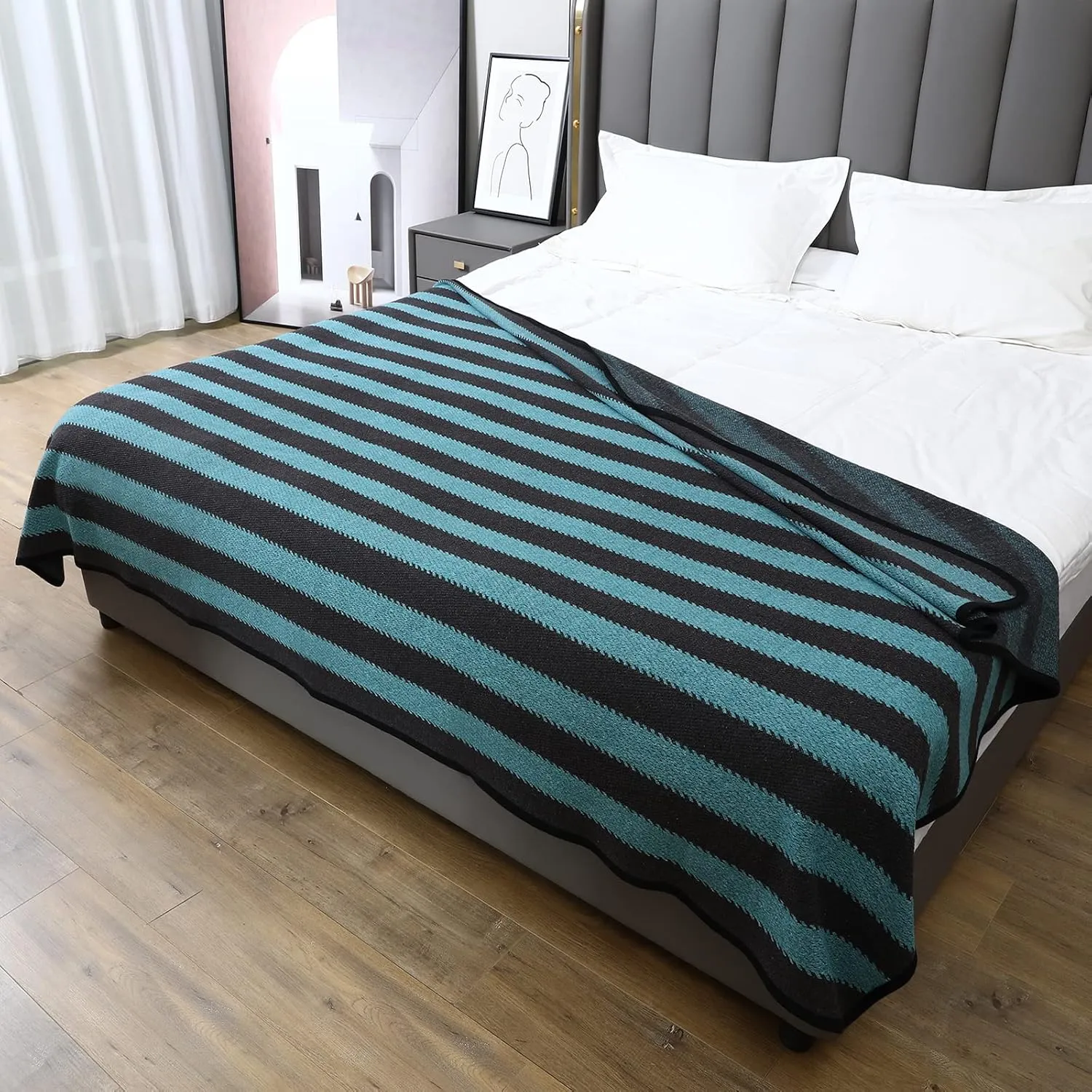 PuTian Merino Wool Blanket - 63" x 51" Thick Warm Soft Twin Bed Throw - Great for Camping, Outdoors, Travel, Car, Couch All Seasons Blue Stripe