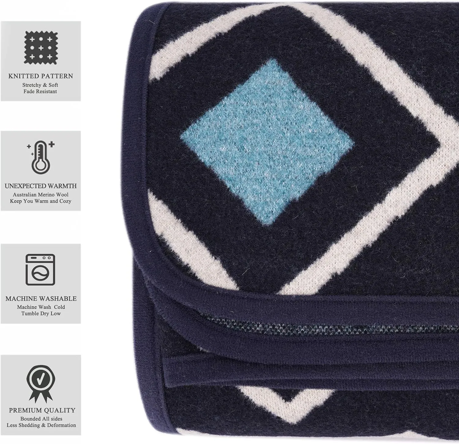 PuTian Merino Wool Blanket - 87" x 63" Thick Warm Soft Large Bed Throw - Great for Camping, Outdoors, Travel, Car, Couch, All Seasons, Blue Check