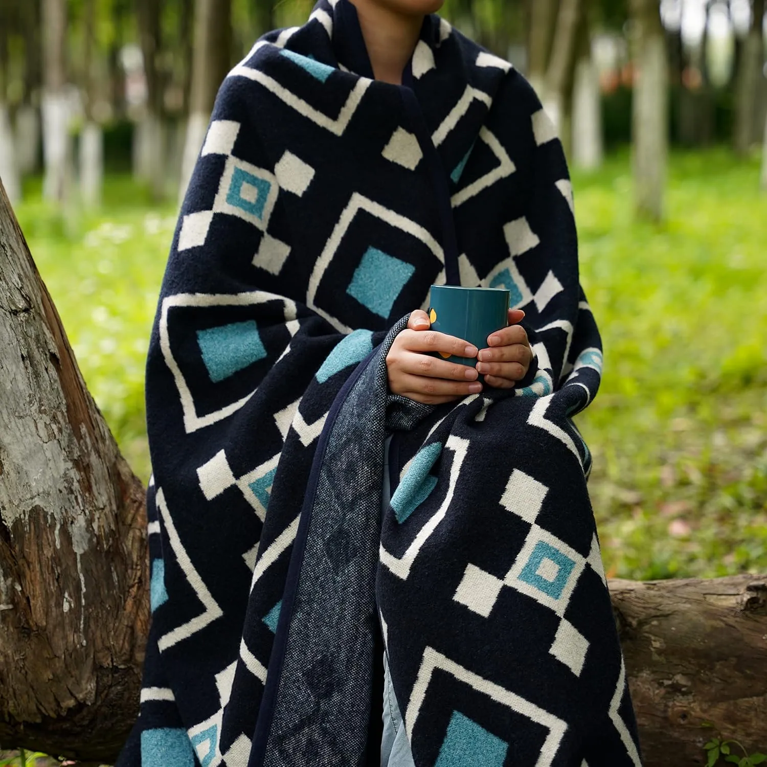 PuTian Merino Wool Blanket - 87" x 63" Thick Warm Soft Large Bed Throw - Great for Camping, Outdoors, Travel, Car, Couch, All Seasons, Blue Check
