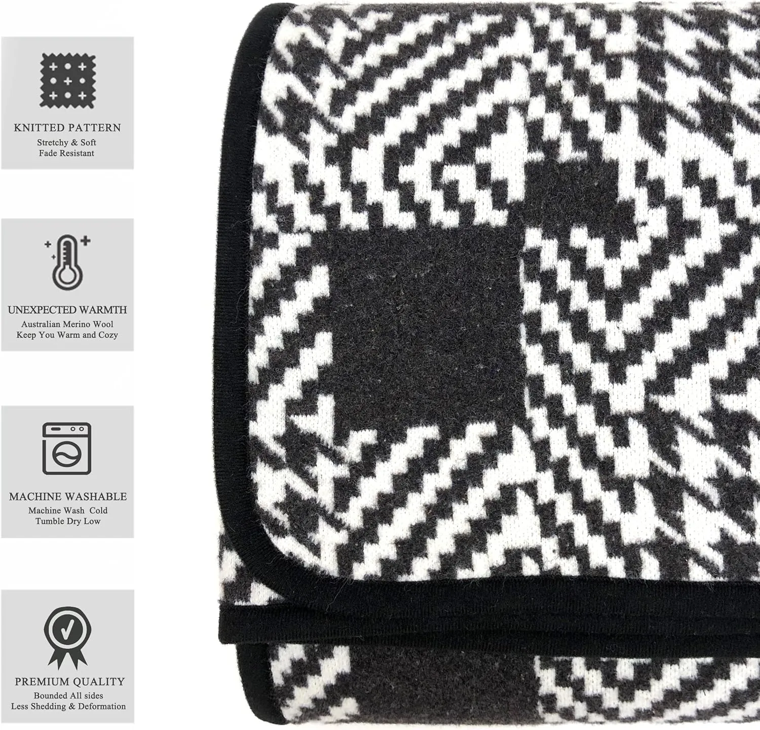 PuTian Merino Wool Blanket - 87" x 63" Thick Warm Soft Large Bed Throw - Great for Camping, Outdoors, Travel, Car, Couch, All Seasons Houndstooth Black