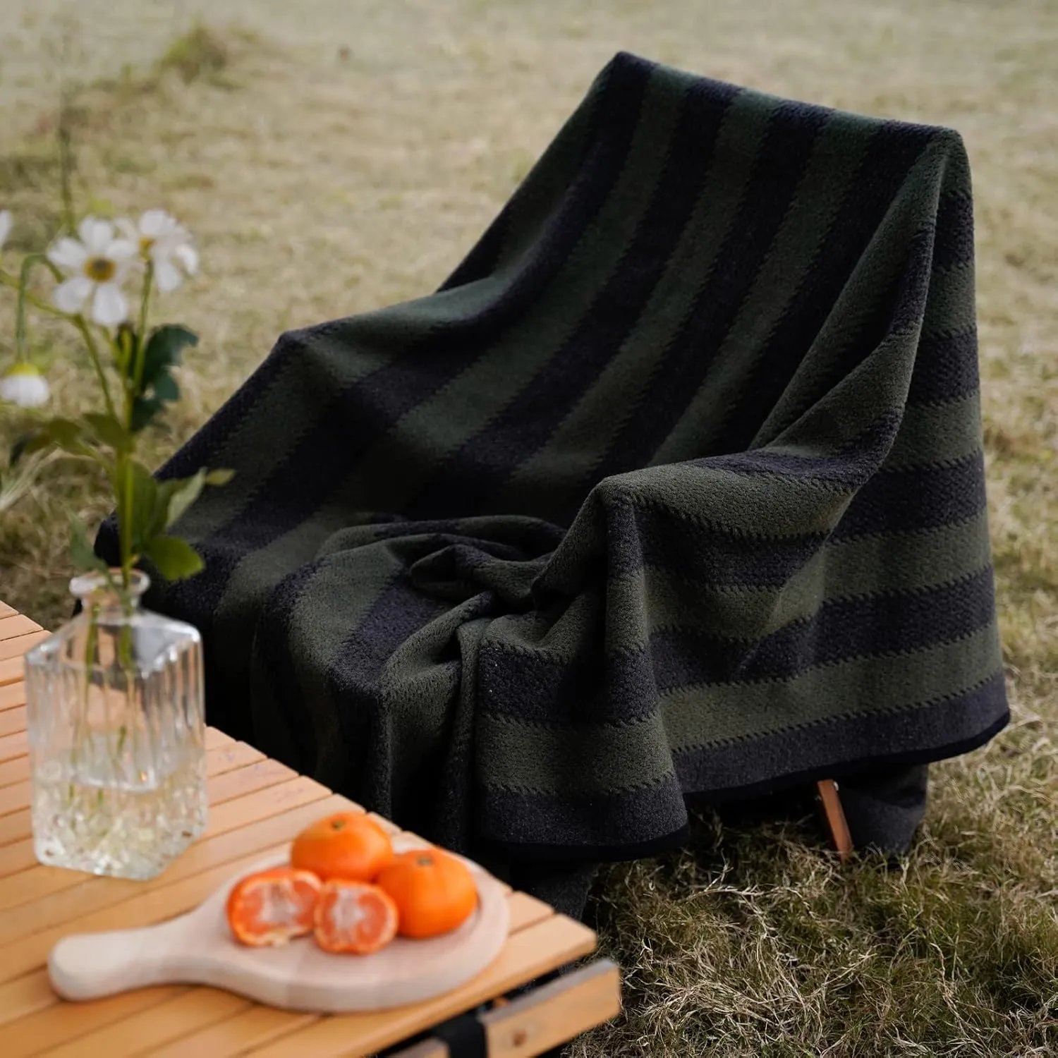 PuTian Merino Wool Blanket - 87" x 63" Thick Warm Soft Large Bed Throw - Great for Camping, Outdoors, Travel, Car, Couch, All Weather Green Stripe