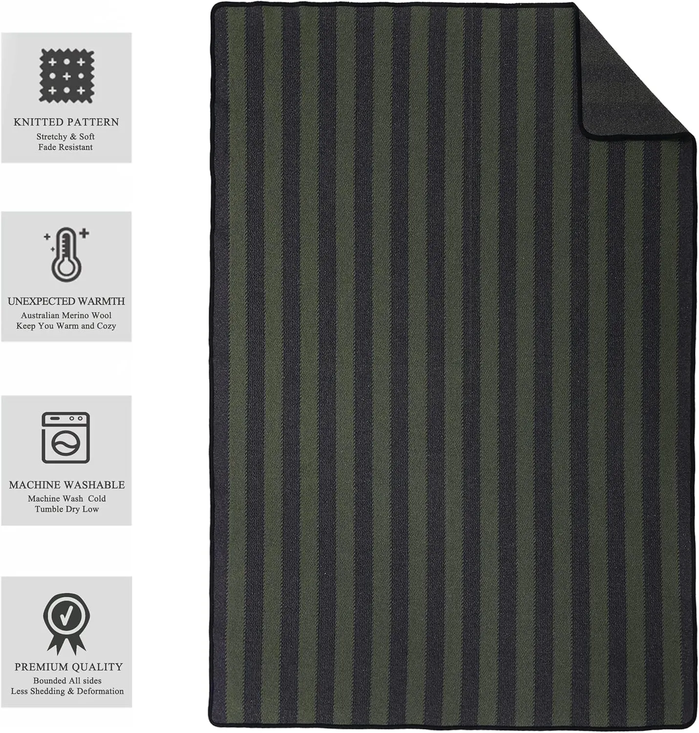 PuTian Merino Wool Blanket - 87" x 63" Thick Warm Soft Large Bed Throw - Great for Camping, Outdoors, Travel, Car, Couch, All Weather Green Stripe