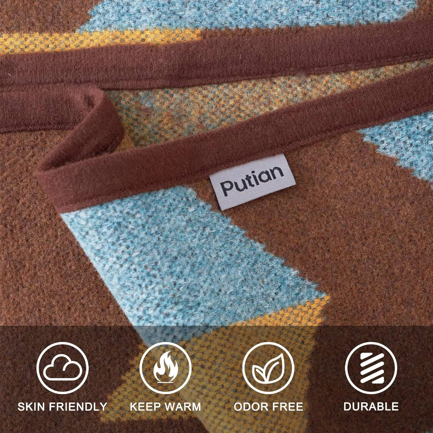 PuTian Merino Wool Blanket - Large Warm Soft Washable Camp Blanket Throw for Bed Couch Camping Outdoor Travel Emergency, Brown Geometry