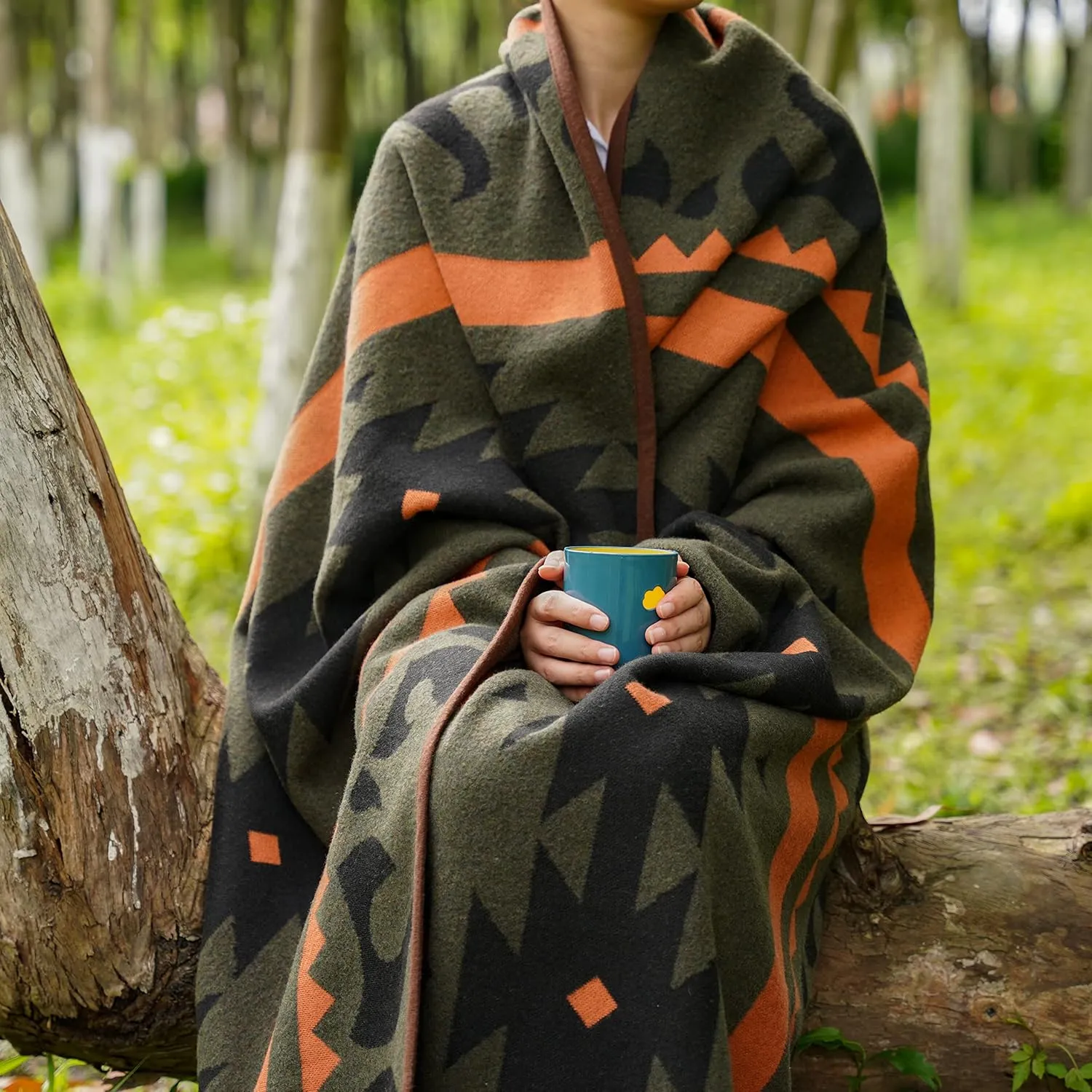 PuTian Merino Wool Blanket - Warm, Thick, Washable, 87" x 63" Large Throw for Outdoors, Camping,Couch, Bed, Travel - Super Soft Wool Blanket (Striped Fire Green)