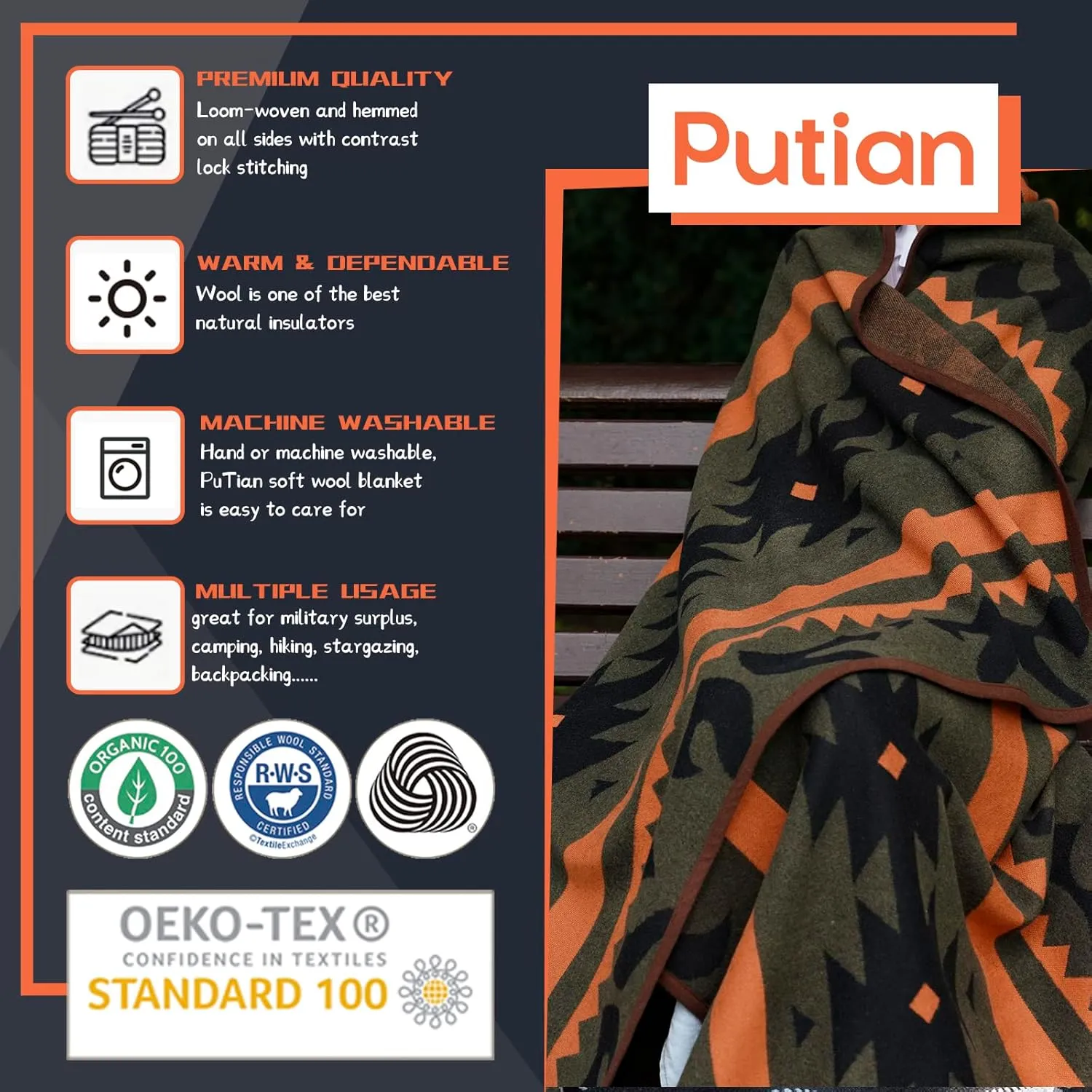 PuTian Merino Wool Blanket - Warm, Thick, Washable, 87" x 63" Large Throw for Outdoors, Camping,Couch, Bed, Travel - Super Soft Wool Blanket (Striped Fire Green)