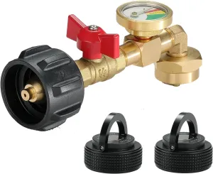QCC1 Propane Refill Adapter with 1LB Cylinder Cap – Elbow Refill Valve and Leakproof Cap for Small Propane Tank, Camping, BBQ, RV, 3-Pack Kit PZ-104/BKM-102-2P