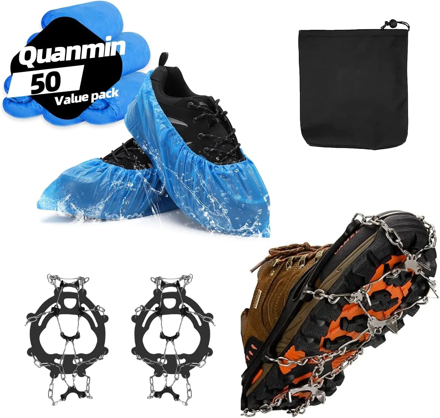 Quanmi Anti Slip Ice Cleats Traction Snow Grips for Boots Shoes Women Men Anti Slip 19 Stainless Steel Spikes with 25 Pairs Shoe Covers Disposable for Hiking Fishing Walking Climbing Mountaineering