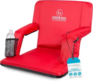 Recliner Stadium Seat for Bleachers, Benches, Lawns, Backyard, Camping & Beach – Padded Sport Chair, Cushion Backs & Armrest – 6 Reclining Positions – Portable Carry Straps – Red
