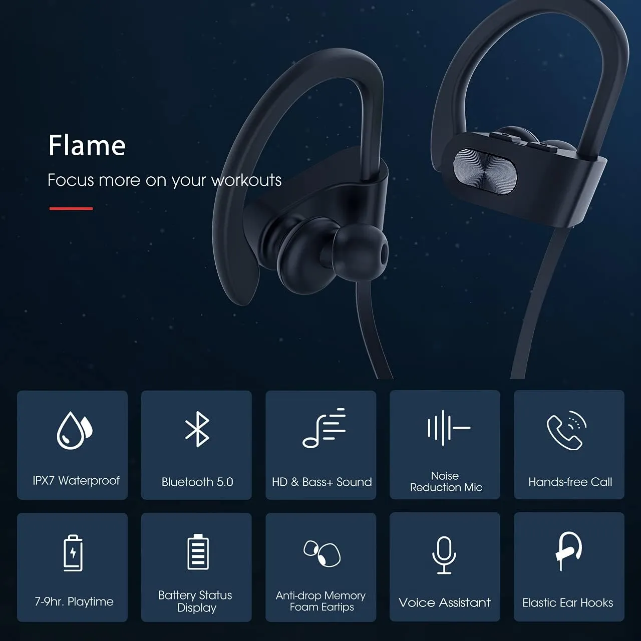 Redzoo Bluetooth Headphones V5.0,Running Headphones w/16 Hrs Playtime, Bass  HD Stereo Wireless Sports Earphones w/IPX7 Waterproof Earbuds in Ear for Workout, Gym w/CVC6.0 Noise Cancelling Mic Black