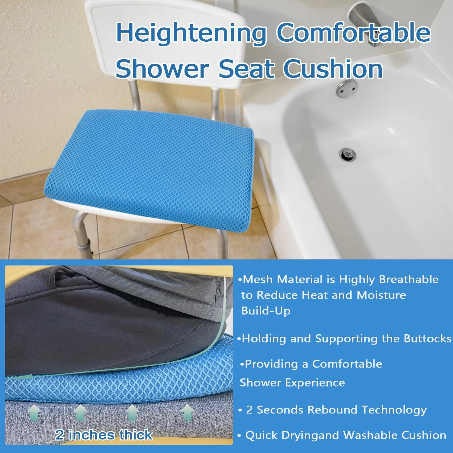 REEZEIVI Shower Seat Cushion with Non-Slip Silicone Bottom,Soft 4D Mesh Fabric,Bathtub Chair Pad for Elderly,Quick Drying and Washable Shower Seat Mat, Design for Elderly, Senior, Handicap,Disabled