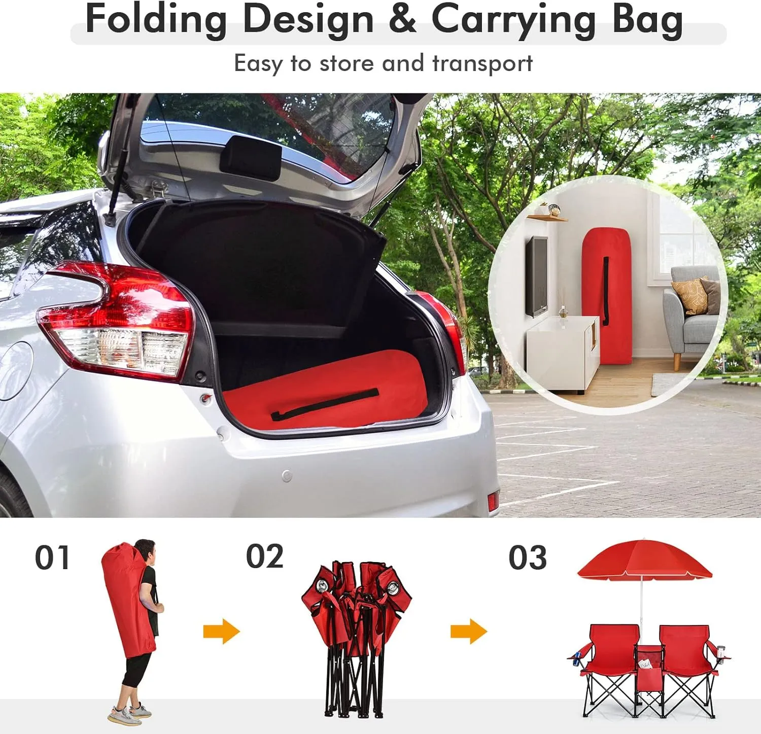 ReunionG Double Folding Camping Chairs, Portable Beach Chairs with Removable Umbrella & Mini Table Carrying Bag, Outdoor Lawn Chairs for Picnic, Patio, Pool, Park (Red)
