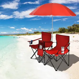 ReunionG Double Folding Camping Chairs, Portable Beach Chairs with Removable Umbrella & Mini Table Carrying Bag, Outdoor Lawn Chairs for Picnic, Patio, Pool, Park (Red)