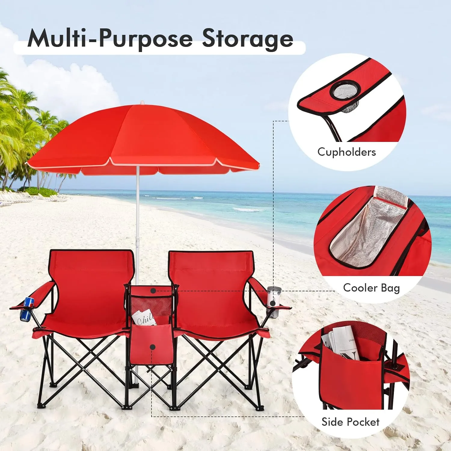 ReunionG Double Folding Camping Chairs, Portable Beach Chairs with Removable Umbrella & Mini Table Carrying Bag, Outdoor Lawn Chairs for Picnic, Patio, Pool, Park (Red)