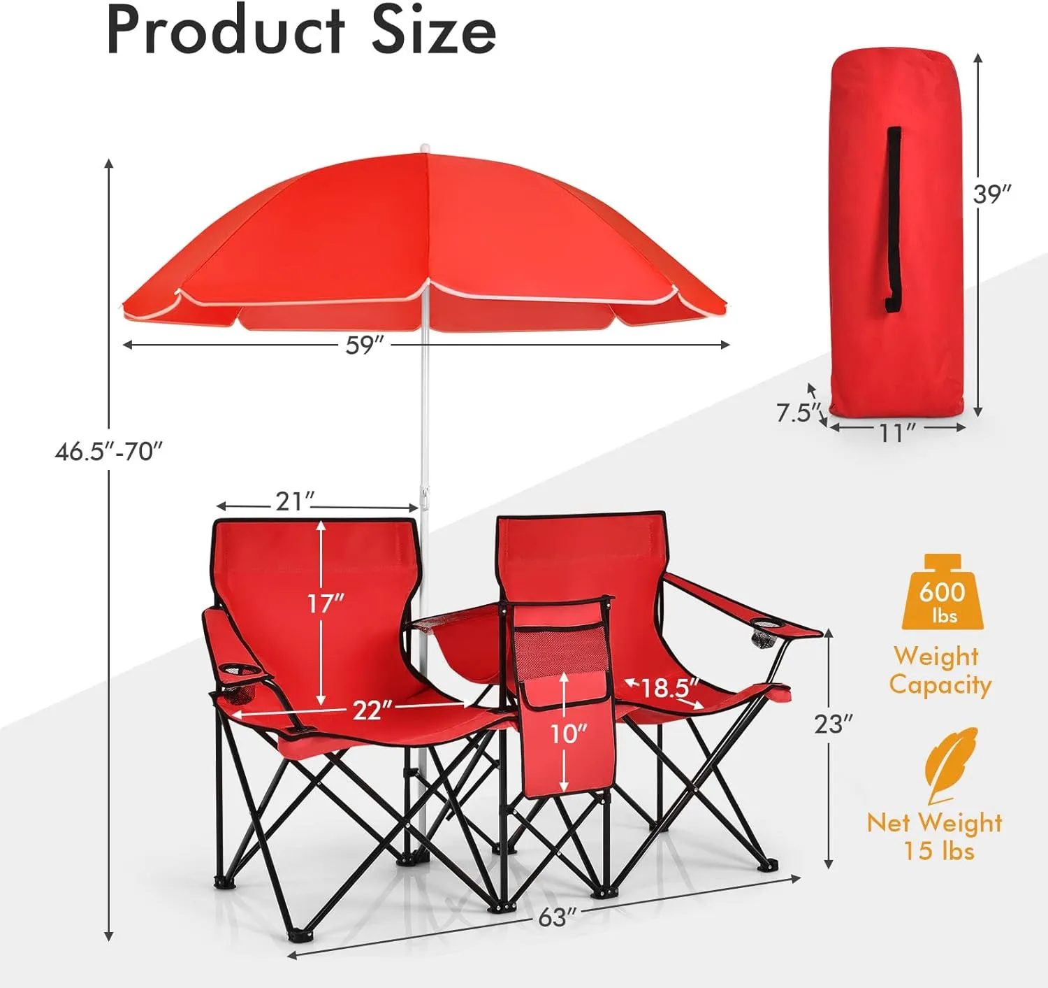 ReunionG Double Folding Camping Chairs, Portable Beach Chairs with Removable Umbrella & Mini Table Carrying Bag, Outdoor Lawn Chairs for Picnic, Patio, Pool, Park (Red)