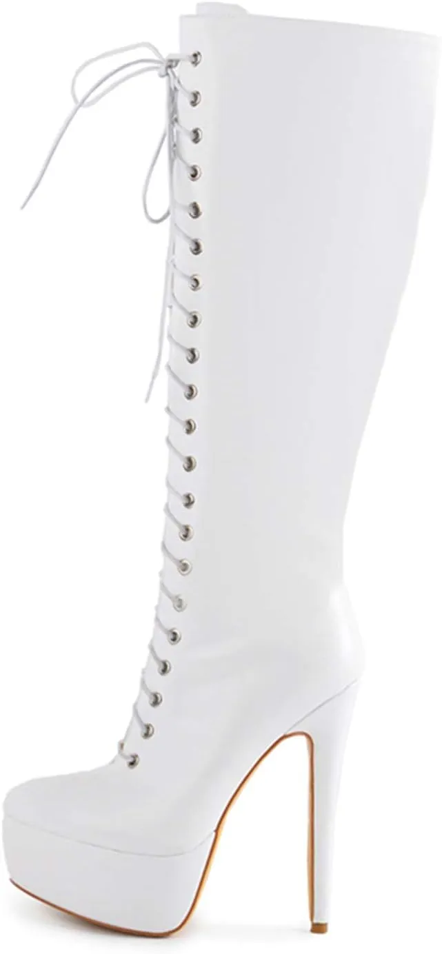 richealnini Lace Up Platform Knee High Boots for Women Side Zipper Wide Calf Boots