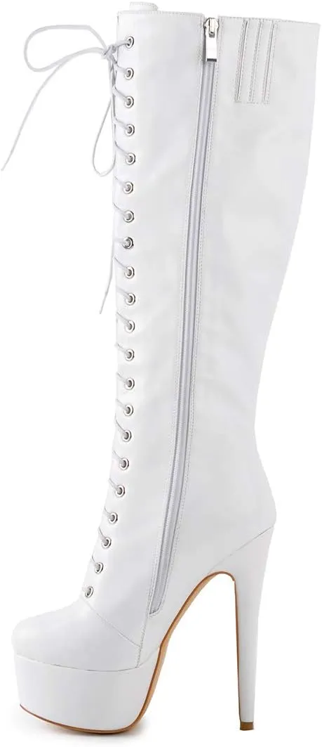richealnini Lace Up Platform Knee High Boots for Women Side Zipper Wide Calf Boots
