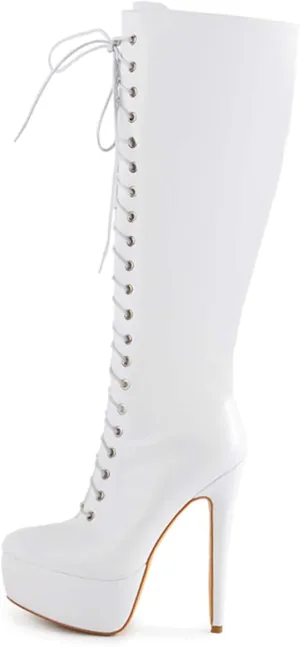 richealnini Lace Up Platform Knee High Boots for Women Side Zipper Wide Calf Boots