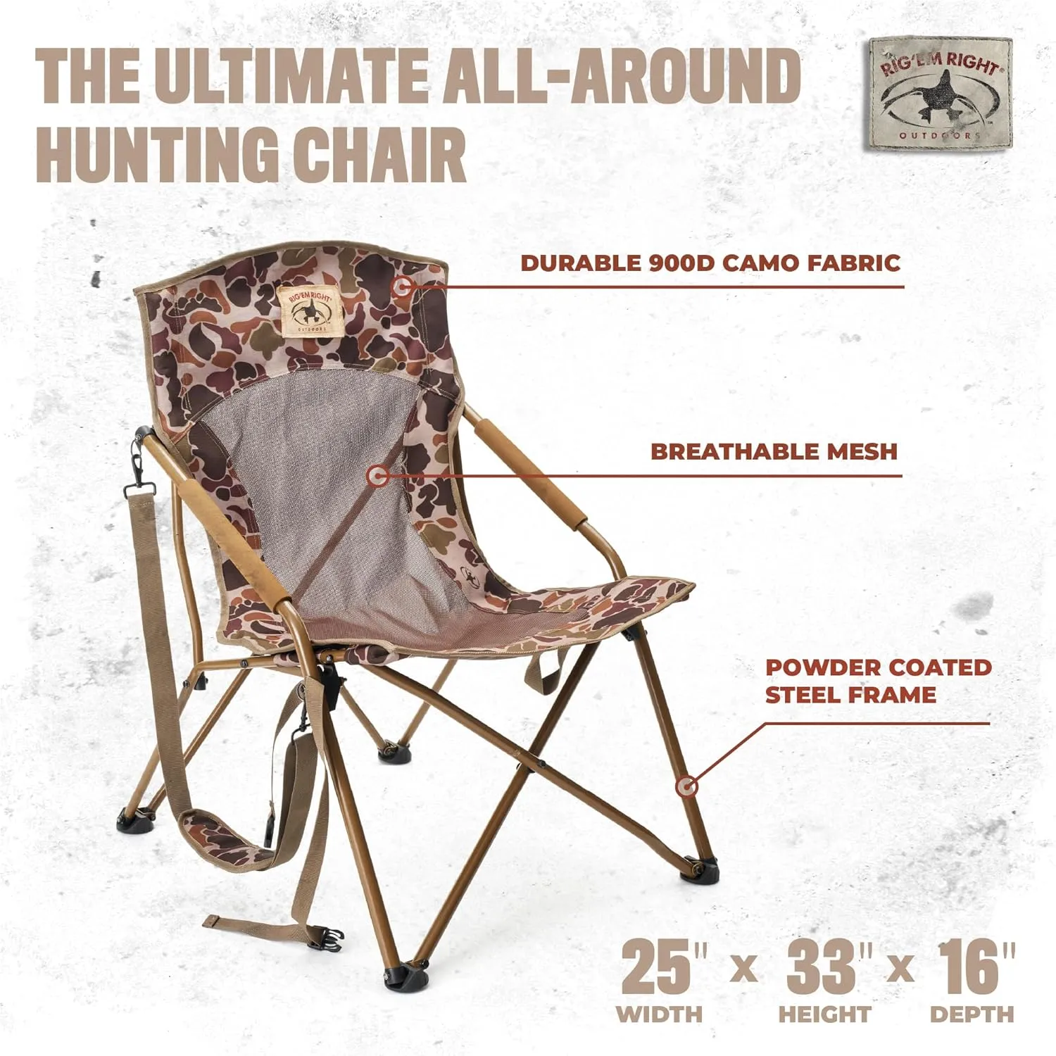 Rig'Em Right Waterfowl CampHunter Hunting Chair with Steel Frame and Carrying Straps, Gore Optifade Brown Camo
