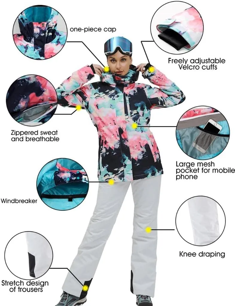 RIUIYELE Women's Ski Suit Windproof Waterproof Snowboard Colorful Printed Ski Jacket and Pants Set