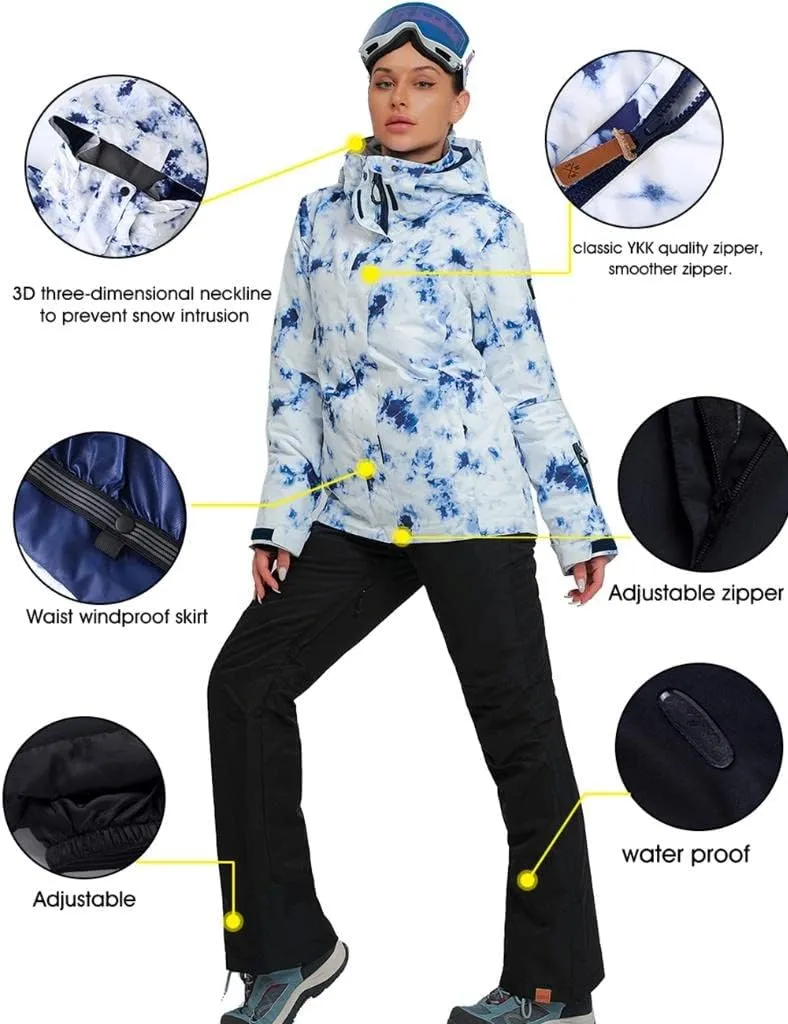 RIUIYELE Women's Ski Suit Windproof Waterproof Snowboard Colorful Printed Ski Jacket and Pants Set