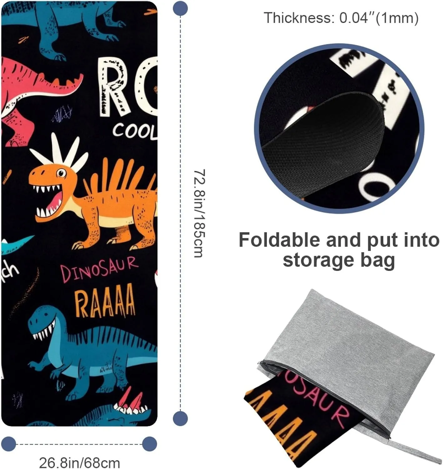 Roar Dinosaur Yoga Towel with Travel Bag for Sweat, Suede Absorbent Quick-Dry Yoga Blankets,Non Slip Rubber Hot Yoga Mat Towel for Fitness,Pilates and Workout 72.8''x26.8''
