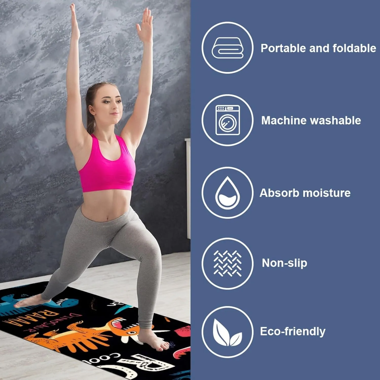Roar Dinosaur Yoga Towel with Travel Bag for Sweat, Suede Absorbent Quick-Dry Yoga Blankets,Non Slip Rubber Hot Yoga Mat Towel for Fitness,Pilates and Workout 72.8''x26.8''