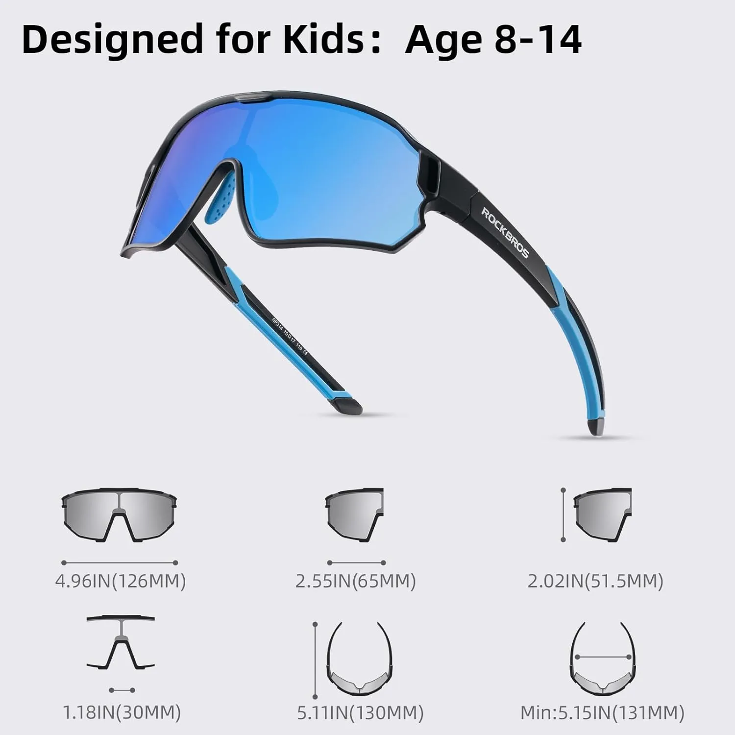 ROCKBROS Kids Polarized Sunglasses Cycling Glasses Sport Sunglasses UV400 Protection for Youth Boys Girls Age 8-14