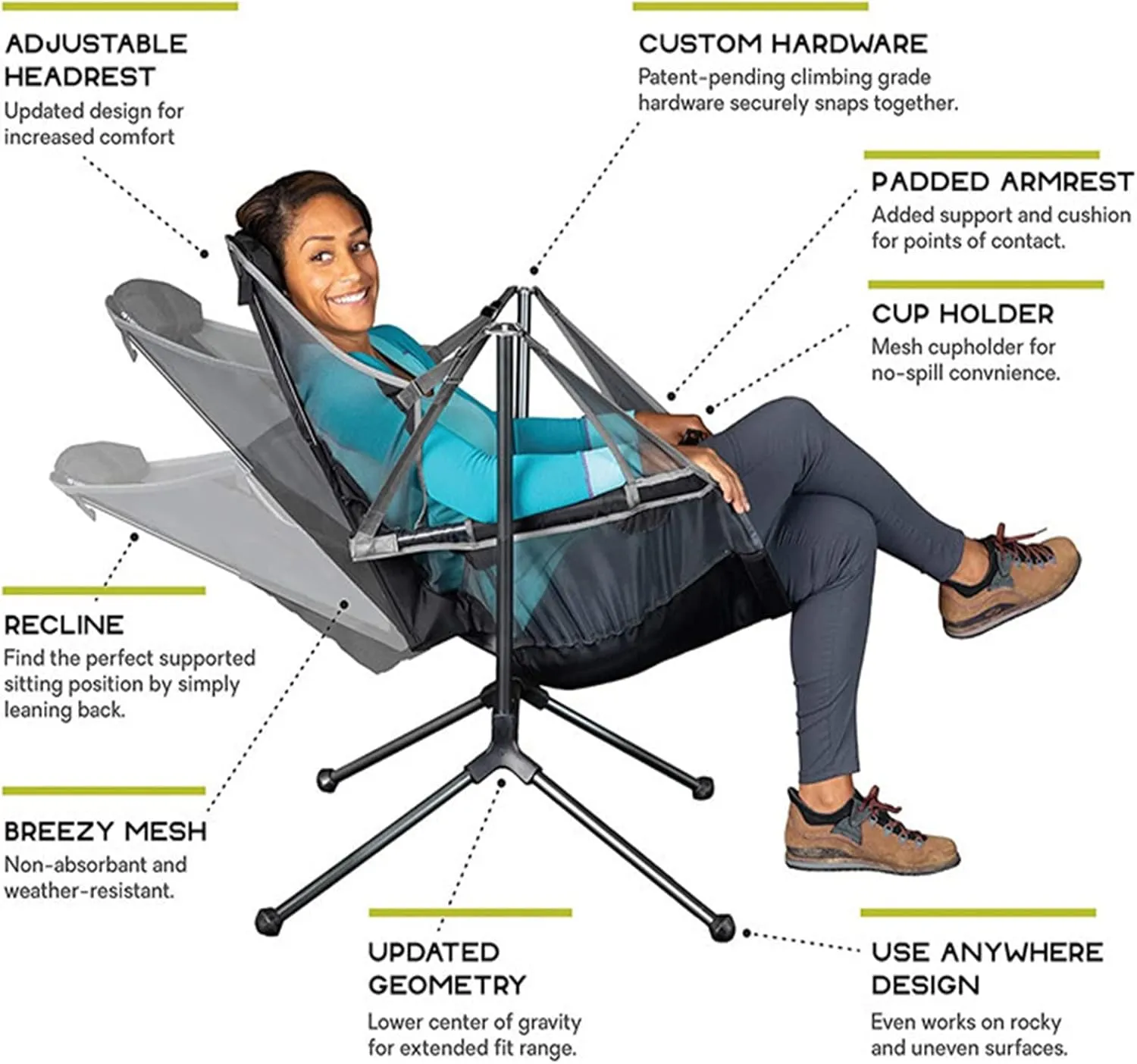 Rocking Camping Chair Hammock Swing Chair,Adjustable Back Folding Chair,with Foot Rest Outdoor Recliner Storage Bag,for Fishing Picnic(Heavy Duty 300Lbs) (Gray)