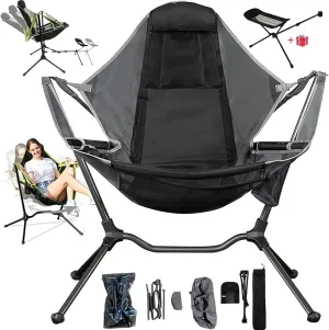 Rocking Camping Chair Hammock Swing Chair,Adjustable Back Folding Chair,with Foot Rest Outdoor Recliner Storage Bag,for Fishing Picnic(Heavy Duty 300Lbs) (Gray)