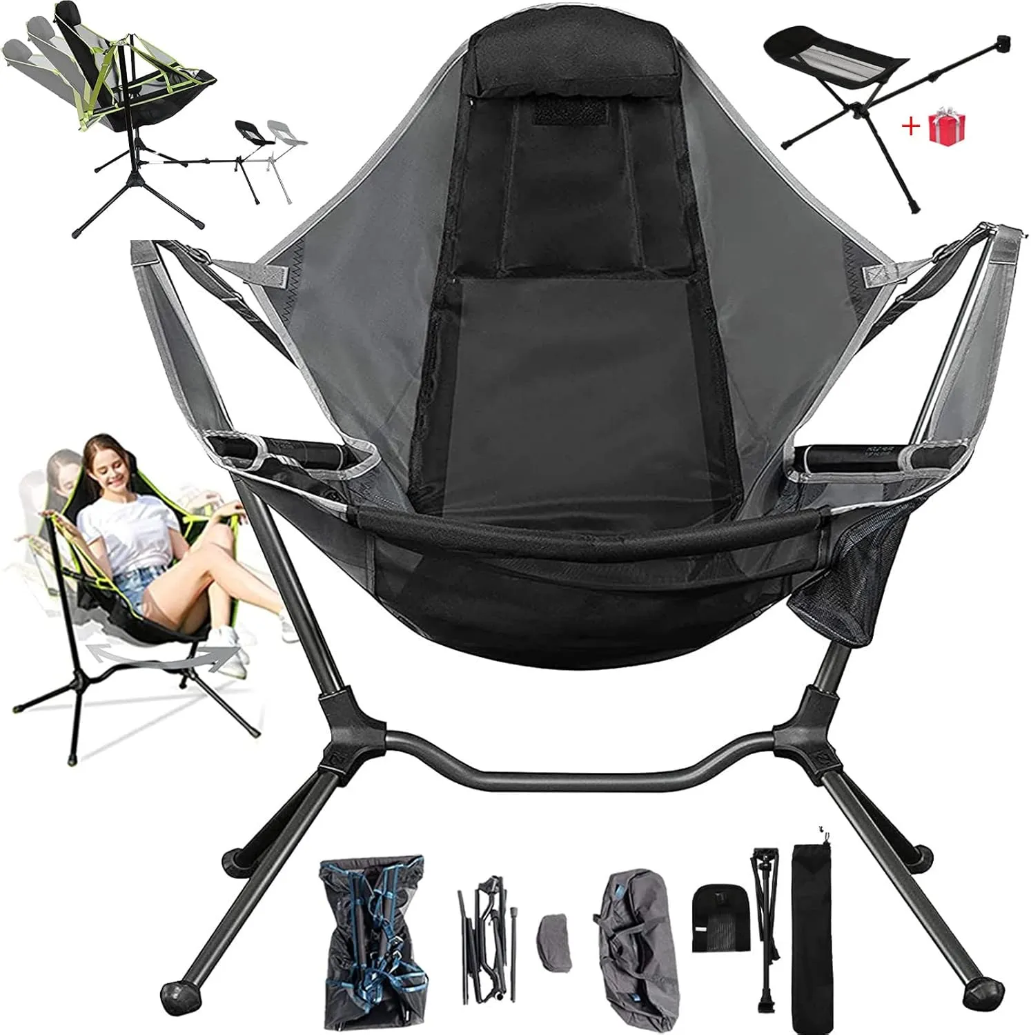 Rocking Camping Chair Hammock Swing Chair,Adjustable Back Folding Chair,with Foot Rest Outdoor Recliner Storage Bag,for Fishing Picnic(Heavy Duty 300Lbs) (Gray)