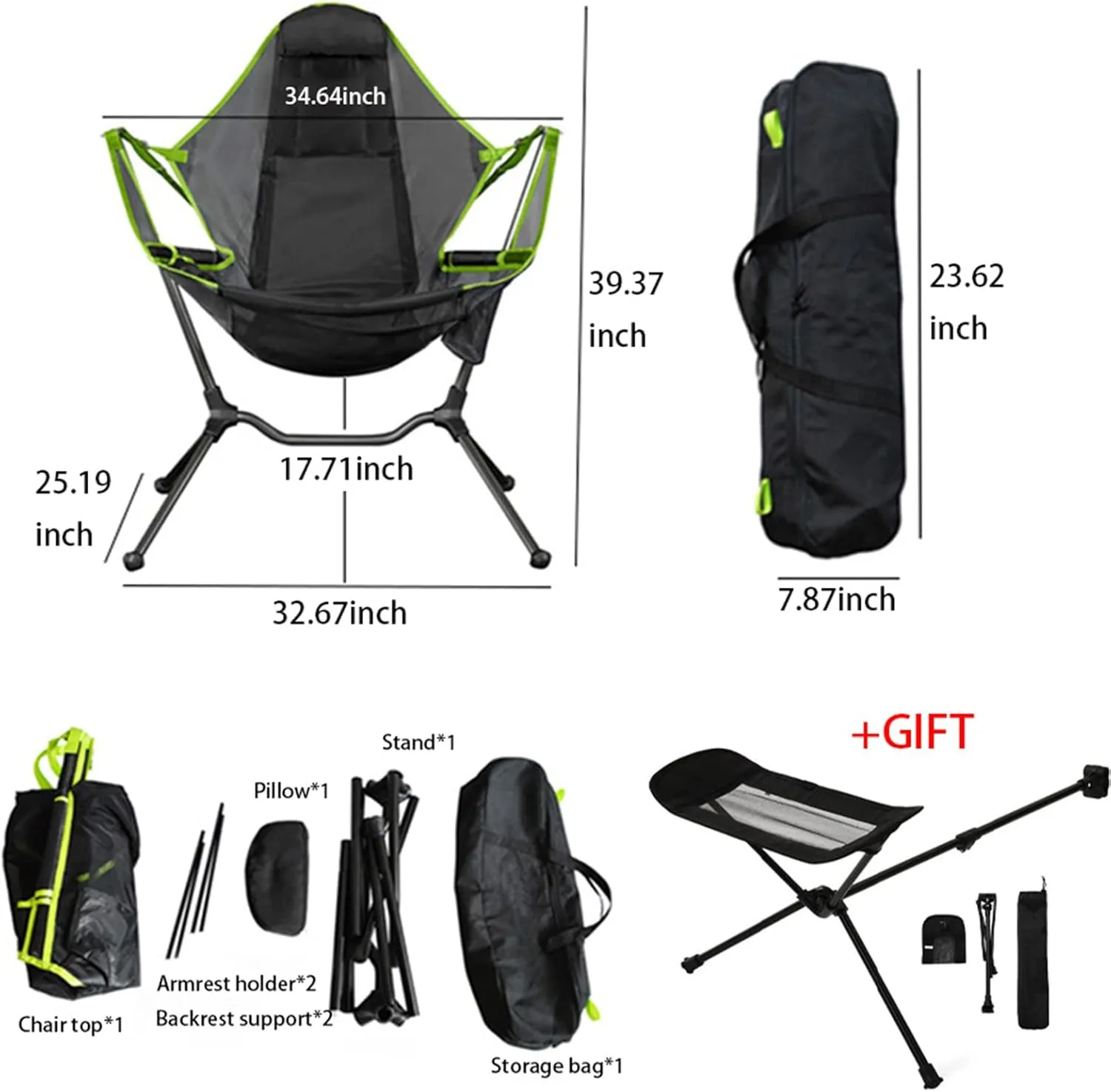 Rocking Camping Chair Hammock Swing Chair,Adjustable Back Folding Chair,with Foot Rest Outdoor Recliner Storage Bag,for Fishing Picnic(Heavy Duty 300Lbs) (Gray)