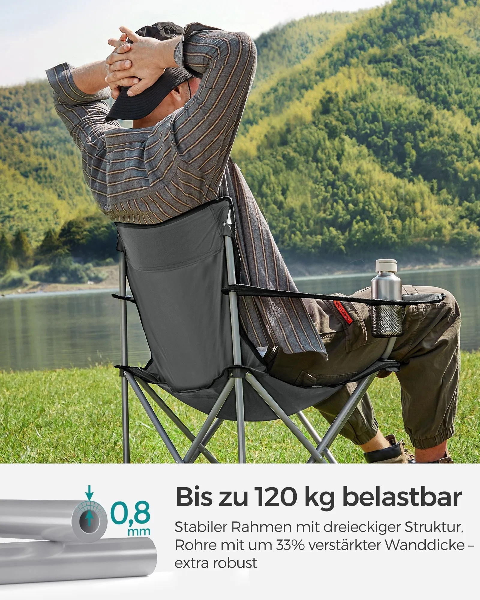 Rootz Gray Steel Camping Chairs - Portable Chairs - Foldable Seats - Oxford Cloth - Lightweight - Compact - 52cm x 84cm x 81cm