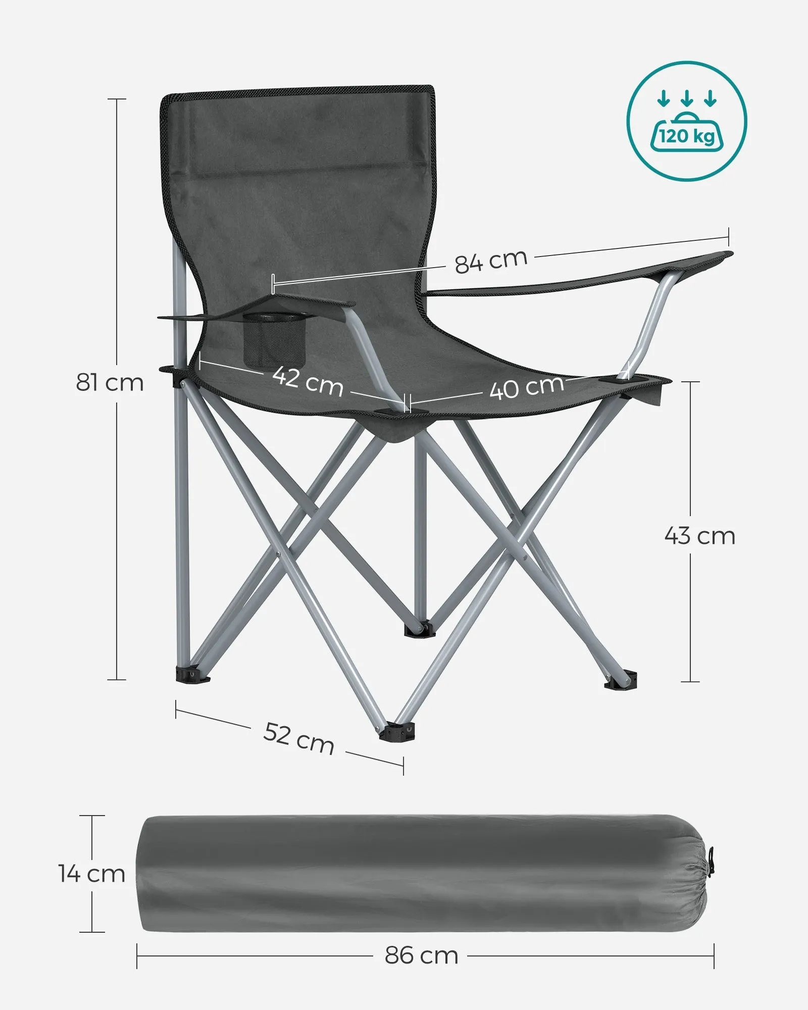 Rootz Gray Steel Camping Chairs - Portable Chairs - Foldable Seats - Oxford Cloth - Lightweight - Compact - 52cm x 84cm x 81cm