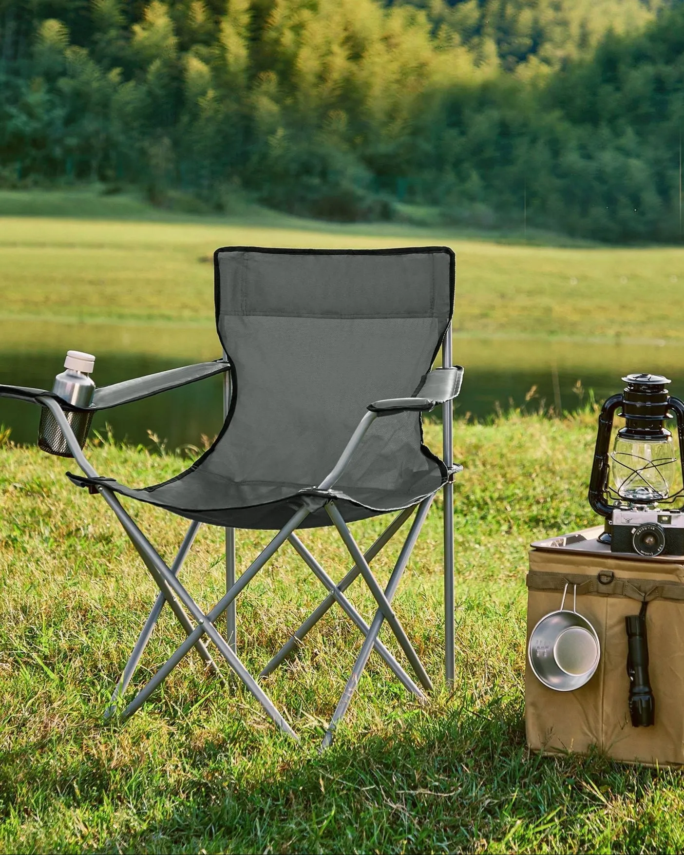 Rootz Gray Steel Camping Chairs - Portable Chairs - Foldable Seats - Oxford Cloth - Lightweight - Compact - 52cm x 84cm x 81cm