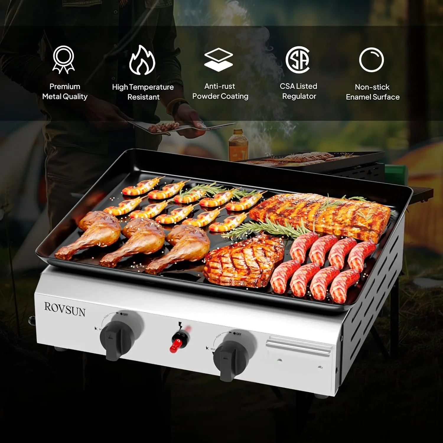 ROVSUN 2 Burner Portable Propane Griddle with Nonstick Enameled Tray, 20,000 BTU Tabletop Flat Top Gas Grill with Electronic Ignition & Regulator for Outdoor Cooking Camping BBQ Tailgating Picnicking