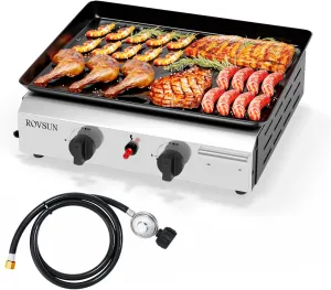 ROVSUN 2 Burner Portable Propane Griddle with Nonstick Enameled Tray, 20,000 BTU Tabletop Flat Top Gas Grill with Electronic Ignition & Regulator for Outdoor Cooking Camping BBQ Tailgating Picnicking