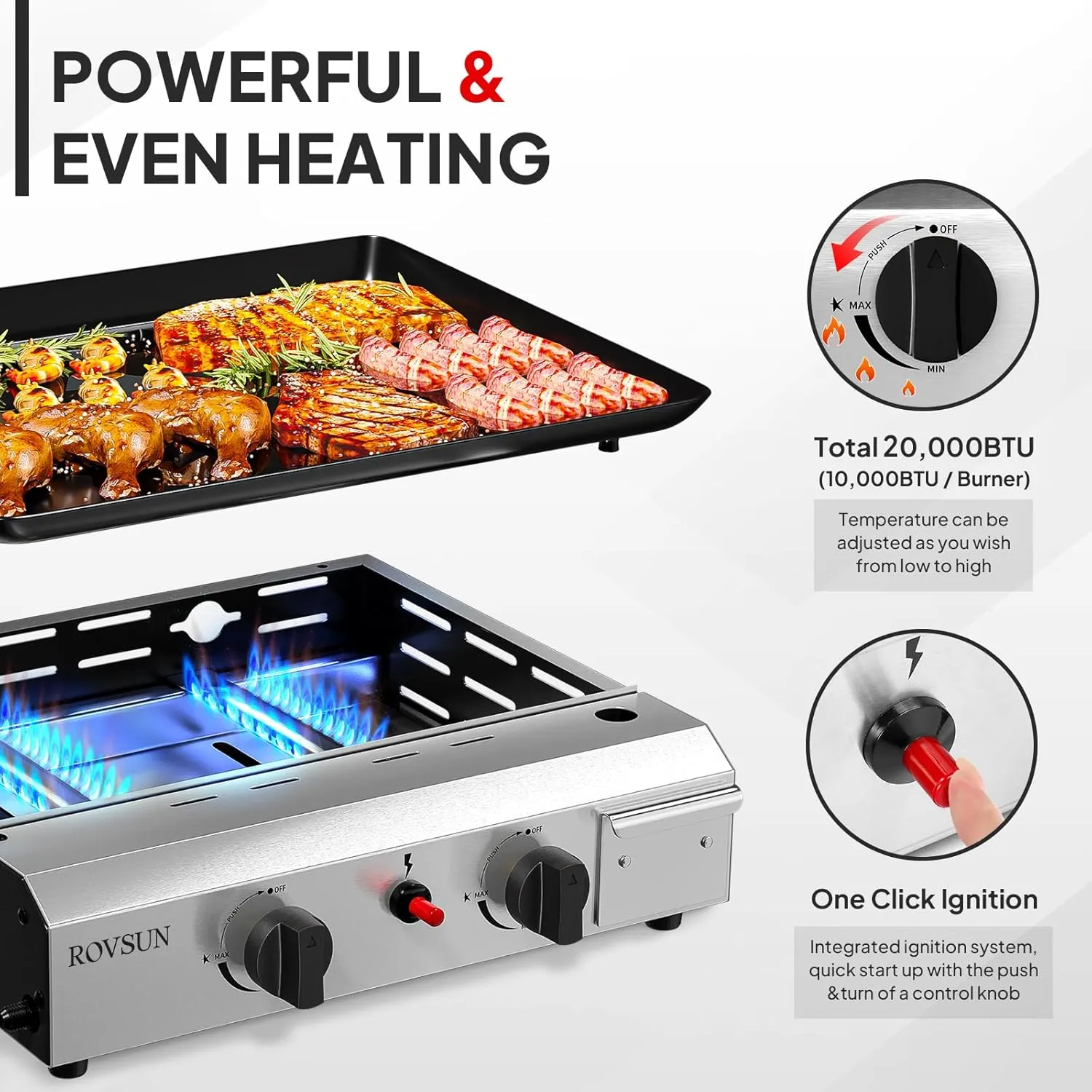 ROVSUN 2 Burner Portable Propane Griddle with Nonstick Enameled Tray, 20,000 BTU Tabletop Flat Top Gas Grill with Electronic Ignition & Regulator for Outdoor Cooking Camping BBQ Tailgating Picnicking