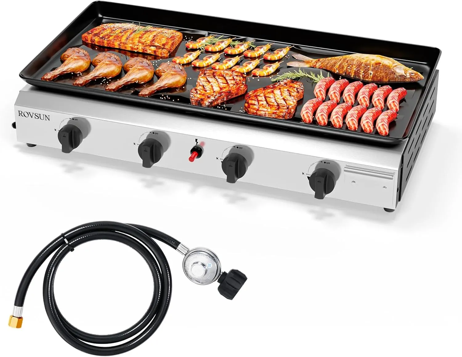 ROVSUN 4 Burner Portable Propane Griddle with Nonstick Enameled Tray, 40,000 BTU Tabletop Flat Top Gas Grill with Electronic Ignition & Regulator for Outdoor Cooking Camping BBQ Tailgating