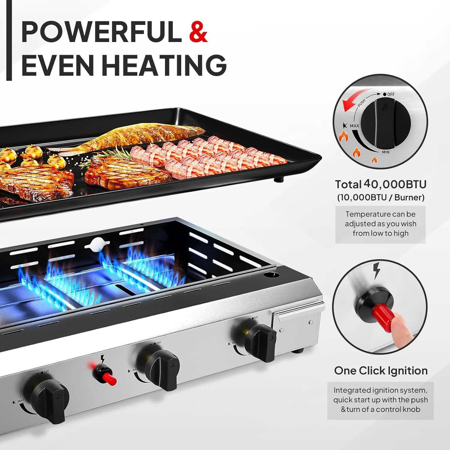 ROVSUN 4 Burner Portable Propane Griddle with Nonstick Enameled Tray, 40,000 BTU Tabletop Flat Top Gas Grill with Electronic Ignition & Regulator for Outdoor Cooking Camping BBQ Tailgating