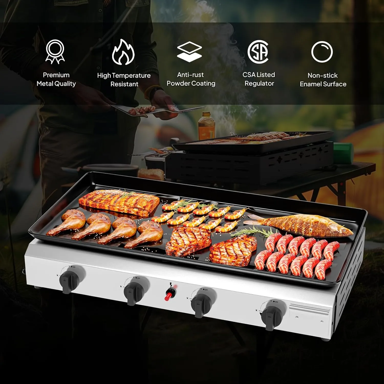 ROVSUN 4 Burner Portable Propane Griddle with Nonstick Enameled Tray, 40,000 BTU Tabletop Flat Top Gas Grill with Electronic Ignition & Regulator for Outdoor Cooking Camping BBQ Tailgating