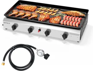 ROVSUN 4 Burner Portable Propane Griddle with Nonstick Enameled Tray, 40,000 BTU Tabletop Flat Top Gas Grill with Electronic Ignition & Regulator for Outdoor Cooking Camping BBQ Tailgating